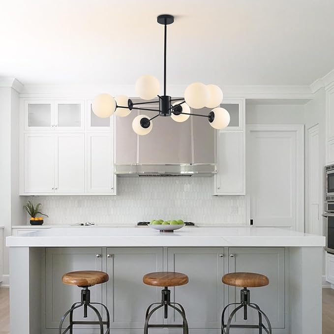 BOKT Modern 8-Lights Globe Sputnik Chandelier Mid Century Matte Black Chandelier Ceiling Mount Light Fixture with Milky White Glass Glass Lampshade for Dining Room Living Room