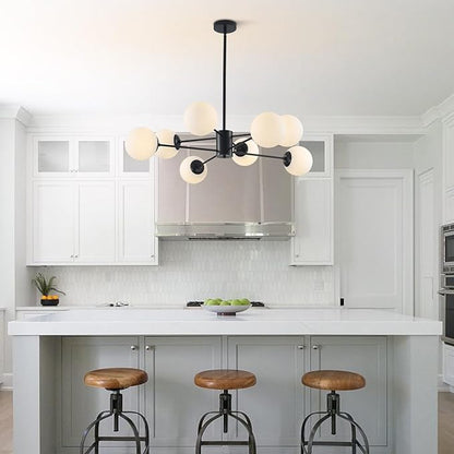 BOKT Modern 8-Lights Globe Sputnik Chandelier Mid Century Matte Black Chandelier Ceiling Mount Light Fixture with Milky White Glass Glass Lampshade for Dining Room Living Room