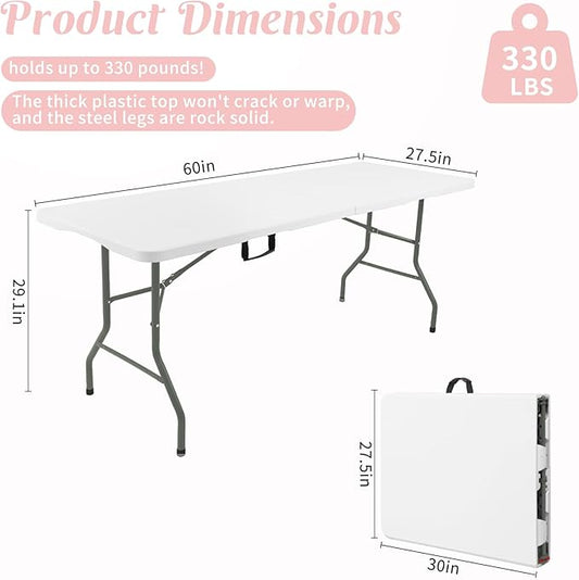 Fivenl 5 Feet Portable Folding Table White, Steel Legs Fold-in-Half with Carrying Handle Rectangular Plastic Foldable Table for Party, Wedding, Camping, Picnic, Dining, Indoor Outdoor Events