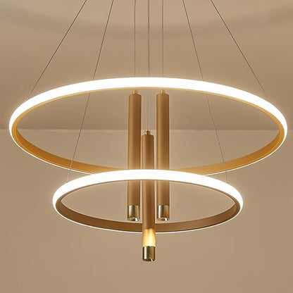 ORANOOR LED Gold Modern Chandeliers for Dining Room Bedrooms Living Room, Dimmable 24in 5250lm Kitchen Pendant Lamp Dining Room Light Fixtures Ceiling Hanging Over Table, 2 Ring Round Chandeliers