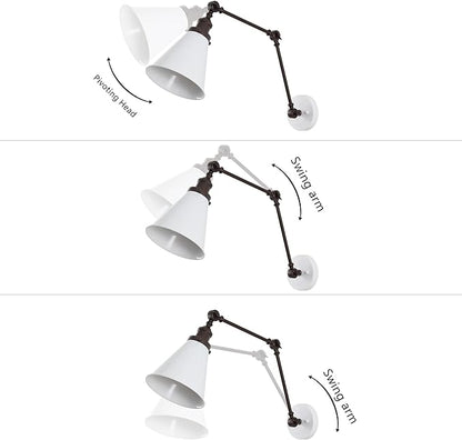 JONATHAN Y 7" White/Oil Rubbed Bronze Classic Industrial Metal Adjustable Arm LED Wall Sconce for Bedside Reading, Farmhouse Swing Arm Wall Lamp with Metal Shade, Hardwired (JYL7462C)