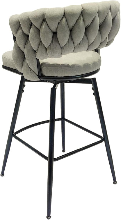 28" Bar Chair Linen Woven Bar Stool Set of 2,Black Legs Bar stools No Adjustable Kitchen Island Chairs,360 Swivel Bar Stools Upholstered Bar Chair Counter Stool Arm Chairs with Back Footrest (Grey)