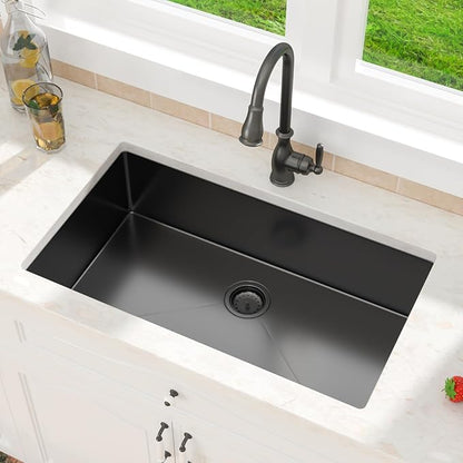 33 Inch Black Undermount Kitchen Sink-33x19 Gunmetal Black Undemrount Sink 18 Gague Stainless Steel Single Bowl Handmade Sinks Large Deep Under Counter Basin 33"x19"x9"