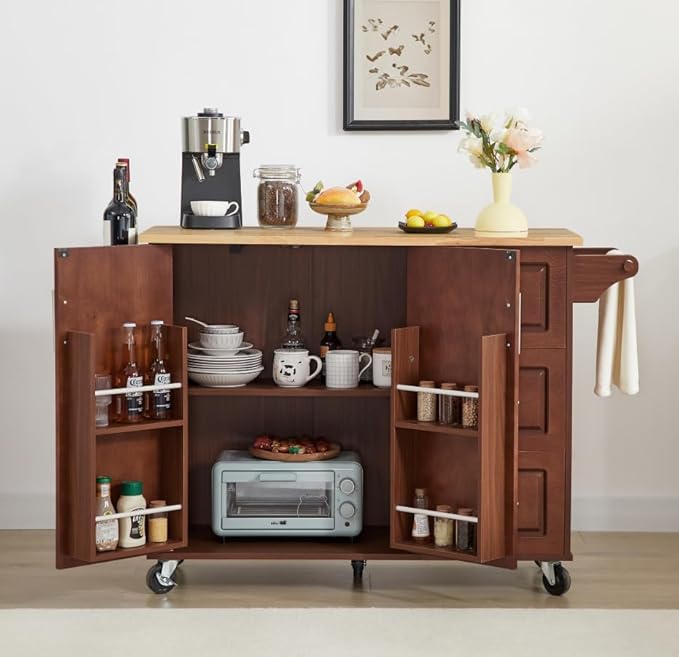 Rolling Kitchen Island Cart with Drop Leaf Countertop,Storage Cabinet and Tower Rack,Barn Door Kitchen Island Table On Mobile Wheels for Kitchen (Brown@e)