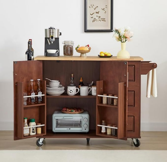 Rolling Kitchen Island Cart with Drop Leaf Countertop,Storage Cabinet and Tower Rack,Barn Door Kitchen Island Table On Mobile Wheels for Kitchen (Brown@e)