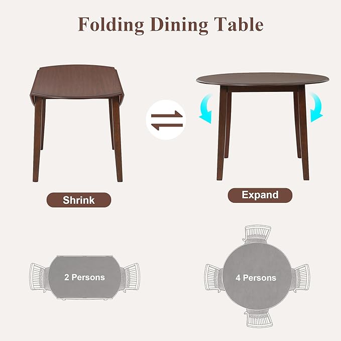 Merax 5-Piece Drop Leaf Round Dining Table Set for 4, Farmhouse Kitchen Table Set with Extendable Round Table and 4 Upholstered Chairs. Wood Table and Chairs Set for Dining Room, Living Room, Brown