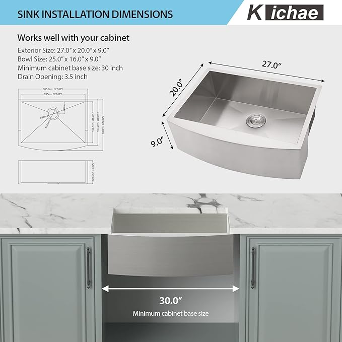 Kichae Stainless Steel Farmhouse Apron Front Single Bowl Kitchen Sink - 27 Inch, 16 Gauge, Round Corner Basin