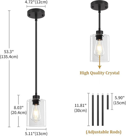2 Pack Black Pendant Lights Kitchen Island, Modern Glass Pendant Lighting Over Island Kitchen Hanging Dining Room Light Fixtures Adjustable Pendant Lights for Bathroom Hallway Entryway Bedroom