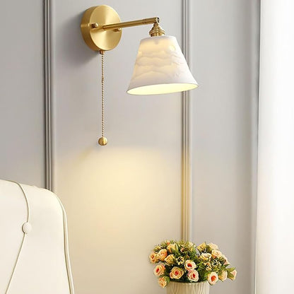 Vintage Wall Light Fixture Ceramic Wall Sconces Light with Pull Chain Switch Gold Brass Finish Mid-Century Modern Sconce Wall Lighting for Bedroom Living Room Farmhouse