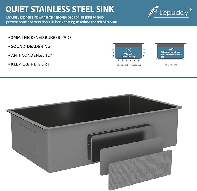 33 Inch Black Undermount Kitchen Sink Single Bowl 18 Guage Stainless Steel 33"x19"x9" Deep Under Counter Kitchen Sinks Basin R10 Round Corners Handmade Sink