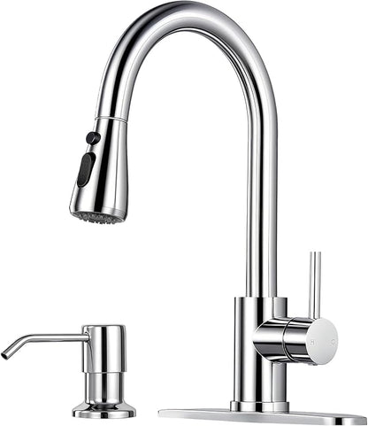 Pull Down Kitchen Faucet with Soap Dispenser - Polished Chrome Single Handle Kitchen Faucets, High Arc Stainless Steel Pull Out Kitchen Sink Faucet with Deck for RV Laundry Farmhouse Bar