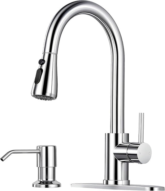 Pull Down Kitchen Faucet with Soap Dispenser - Polished Chrome Single Handle Kitchen Faucets, High Arc Stainless Steel Pull Out Kitchen Sink Faucet with Deck for RV Laundry Farmhouse Bar