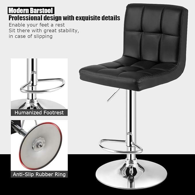 COSTWAY Adjustable Bar Stools Set of 4, Modern Swivel PU Leather Bar Chair with Backrest, Soft Cushioned Seat, Footrest, Sturdy Metal Frame, Comfortable Barstools for Kitchen Island, Pub, Black