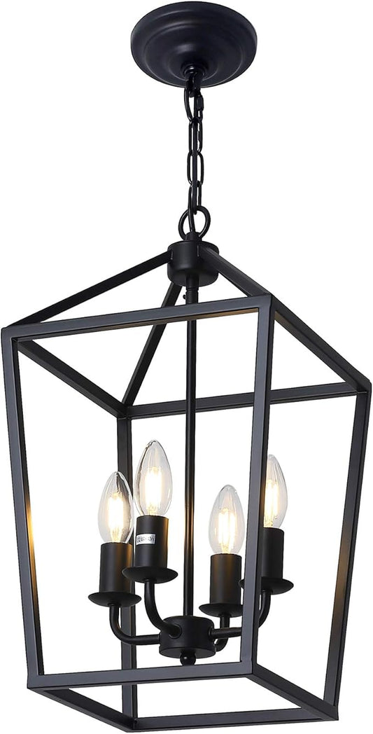4-Light Black Farmhouse Chandelier Iron Lantern Pendant Light Rustic Cage Hanging Light Fixtures Industrial Foyer Lights for Kitchen Island Dining Room Hallway Foyer Entryway
