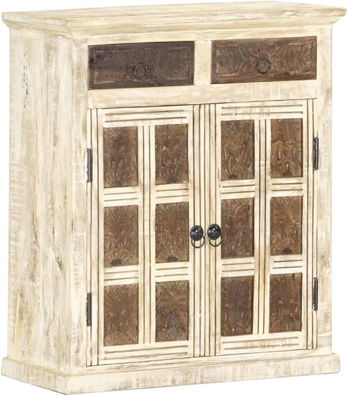 White Sideboard, Solid Mango Wood, Hand Carved Brown Patterns, 2 Doors, 2 Drawers, 29.5 in Tall Buffet Cabinet for Dining Room, Entryway Kitchen Furniture