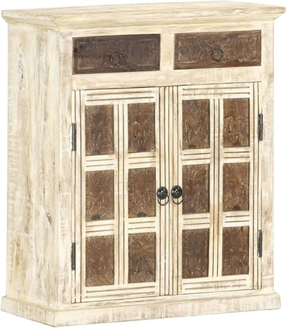 White Sideboard, Solid Mango Wood, Hand Carved Brown Patterns, 2 Doors, 2 Drawers, 29.5 in Tall Buffet Cabinet for Dining Room, Entryway Kitchen Furniture