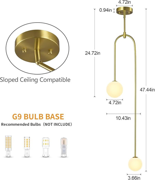Modern Milk Glass Pendant Light 2 Light Mid Century Chandelier Small Glass Globe Gold Pendant Lights for Kitchen Island Bedroom Dining (1 Pack)