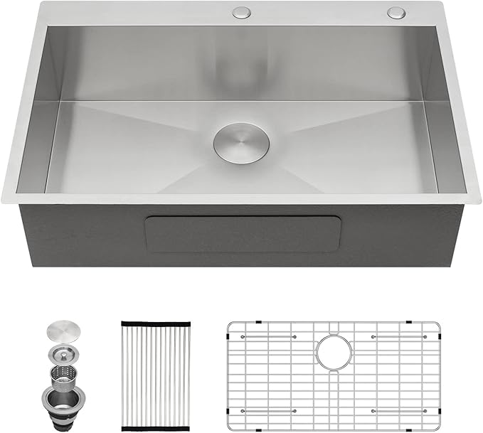 Kichae 33 Drop In Kitchen Sink - 33" x 22" Stainless Steel Sink 16 Gauge Drop in Topmount Single Bowl Drop Sinks Round Corner Basin