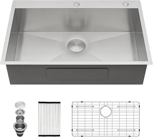 Kichae 33 Drop In Kitchen Sink - 33" x 22" Stainless Steel Sink 16 Gauge Drop in Topmount Single Bowl Drop Sinks Round Corner Basin
