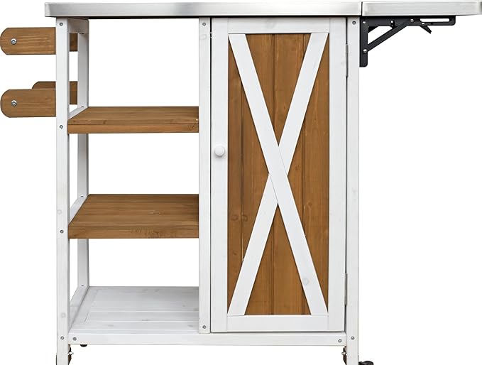 JIJIWANG 33.4" Foldable Outdoor Kitchen Island Patio Kitchen Island Outdoor Kitchen Cart Portable Prep Station with Lockable Wheels, Storage Cabinet and Towel Rack for Patio and Outdoor White+Brown