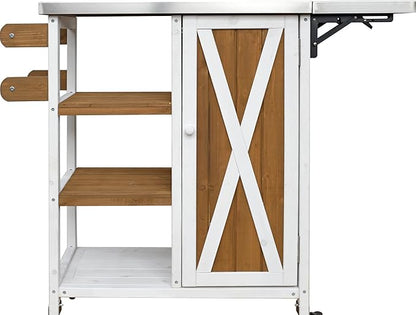 JIJIWANG 33.4" Foldable Outdoor Kitchen Island Patio Kitchen Island Outdoor Kitchen Cart Portable Prep Station with Lockable Wheels, Storage Cabinet and Towel Rack for Patio and Outdoor White+Brown