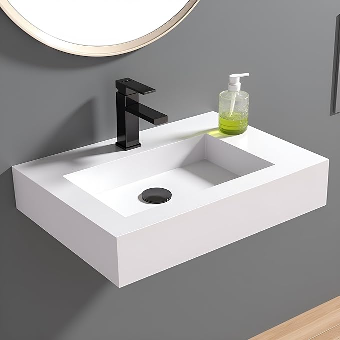 30 inch Wall Mount Floating Vanity with Sink Bathroom Vessel Sink Rectangle Modern Stone Resin White Washing Sink Art Basin for Bathroom AFS140-750
