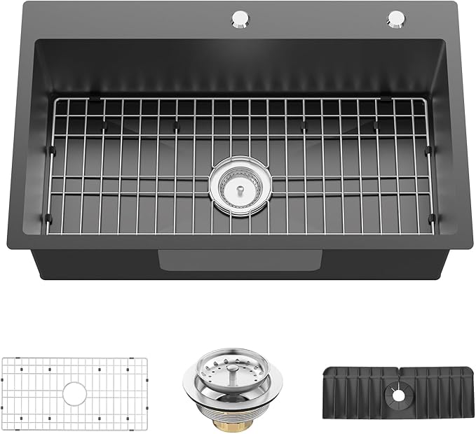Black Kitchen Sink, 30x18 Inch Stainless Steel Drop In Modern Single Bowl Topmount Kitchen Sink Combo-SS Grid,Silicon Mat,Drain Strainer Set Compatibility With Various Kitchen&Bar Style