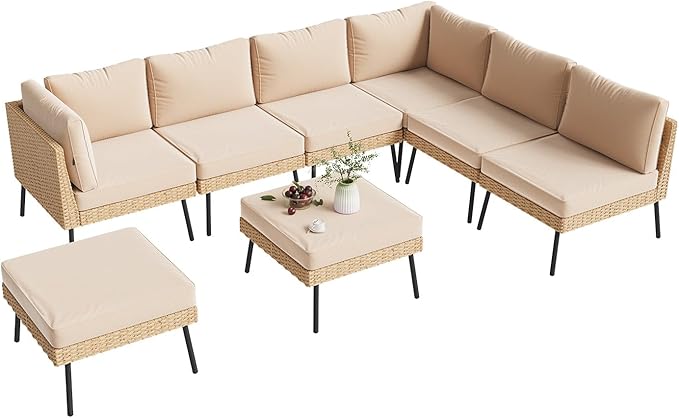 Aoxun 8-Piece Patio Furniture Set, Wicker Outdoor Furniture with Water Resistant Thick Cushions, Patio Conversation Set Outdoor Sectional Sofa with Coffee Table for Backyard Poolside, Beige