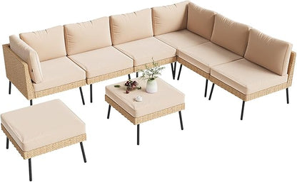 Aoxun 8-Piece Patio Furniture Set, Wicker Outdoor Furniture with Water Resistant Thick Cushions, Patio Conversation Set Outdoor Sectional Sofa with Coffee Table for Backyard Poolside, Beige