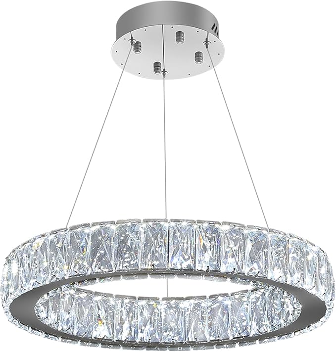 Modern LED 23.6" Ring Chandelier for Dining Room Living Room Dimmable Crystal Pendant Light Adjustable Round Chrome Crystal Chandelier