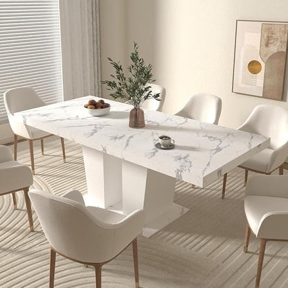 78" Dining Table for 4-10,Modern White Faux Marble Expandable Rectangular Kitchen Table,Long Dining Room Tables with Double Sturdy Pedestal Base for Kitchen Living Room (White Marble)