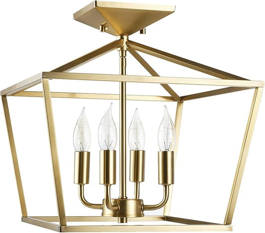 GLOBE Electric 61183 Sheldon 4-Light Semi-Flush Mount Ceiling Light, Brass, Flame Tip Vintage Edison Incandescent Bulbs Included
