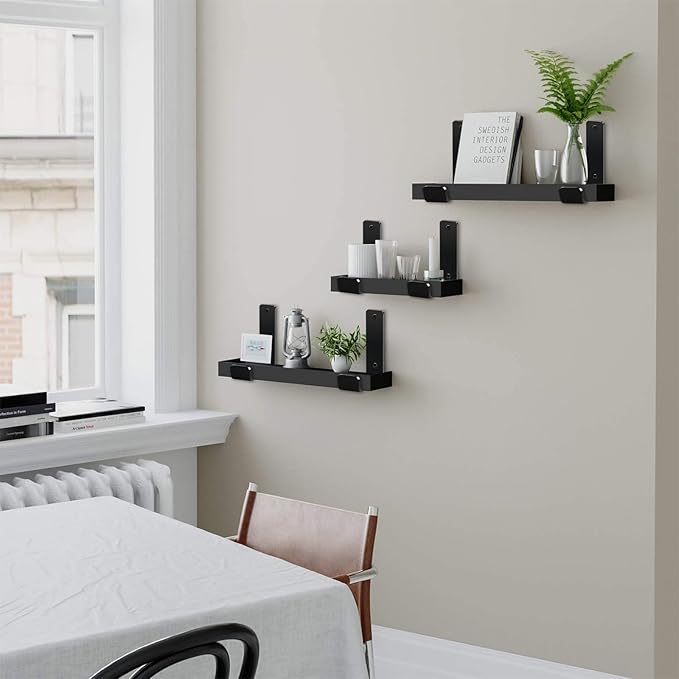 12 Pack - 9.25" L x 6" H x 1.5" W J Lip Shelf Brackets Rustic Farmhouse Iron Wall Floating Shelf Bracket Metal Shelf Bracket Industrial Shelf Supports with Screws Black