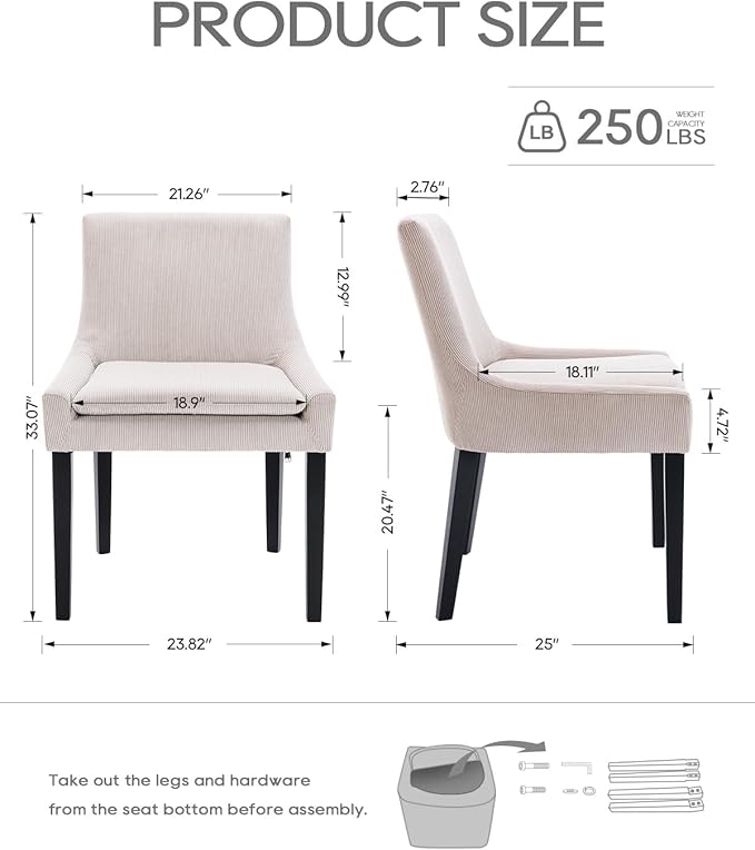 Dining Chairs Set of 2 – Extra Wide & Padded Corduroy Dining Chairs with Solid Wood Legs, High-Density Foam Cushion, Mid-Back Modern Kitchen Chairs for Comfortable Everyday Use