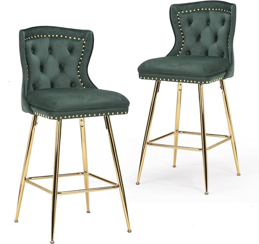 Bar Stools Set of 2, Velvet Counter Height Bar Stools with Metal Legs, Button Tufted and Nailheads Trim, Wing Back Bar Chairs for Kitchen Island Dining Room Pub, Green NP931
