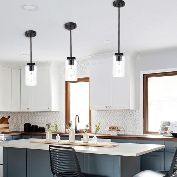 VINLUZ One Light Chandeliers Modern Clear Glass Pendant Lighting Black Dining Room Lighting Fixtures Hanging Contemporary Lamp Semi Flush Mount Ceiling Lights