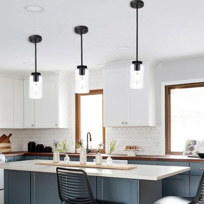 VINLUZ One Light Chandeliers Modern Clear Glass Pendant Lighting Black Dining Room Lighting Fixtures Hanging Contemporary Lamp Semi Flush Mount Ceiling Lights