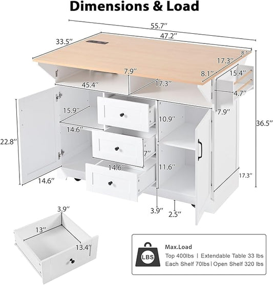 Large Kitchen Island with 2 Drop Leaf Rolling Cart with Power Outlet Folding Storage Dining Table with Spice and Towel Rack Practical(White)