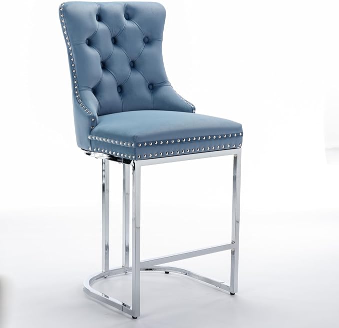 26" Counter Height Bar Stools Set of 2, Velvet Bar stools with Button BackRivet Trim Upholstered Kitchen Island Chairs with Sturdy Chromed Metal Base Legs Bar Stools,Light Blue,2 Pack