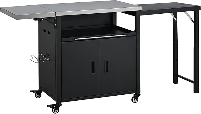 JIJIWANG 73.8" Outdoor Kitchen Island with Stainless Steel Top and Foldable Table, Kitchen Island with Trash and Spice Rack, BBQ Cart with Wheels for Backyard, Patio, Black