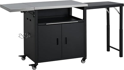 JIJIWANG 73.8" Outdoor Kitchen Island with Stainless Steel Top and Foldable Table, Kitchen Island with Trash and Spice Rack, BBQ Cart with Wheels for Backyard, Patio, Black