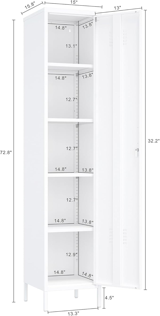 Manhattan Comfort Naomi 72.8'' Tall Storage Cabinet, Single Metal Locker with Lock, Adjustable Shelves, Vented Door & Floor Protectors, Modern Garage & Office Organizer, White