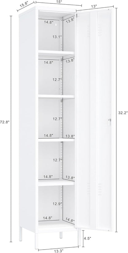 Manhattan Comfort Naomi 72.8'' Tall Storage Cabinet, Single Metal Locker with Lock, Adjustable Shelves, Vented Door & Floor Protectors, Modern Garage & Office Organizer, White