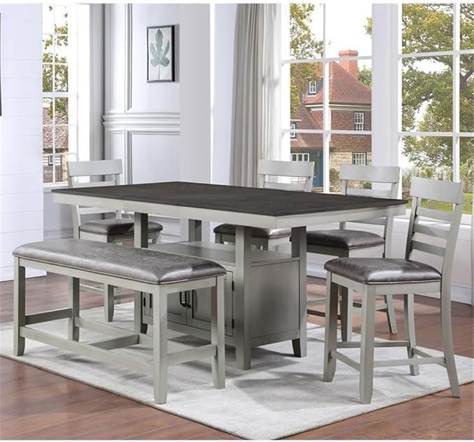 BOWERY HILL Modern 6-Piece Dining Set, Stone Gray and Charcoal Wood, 80 in Table with 20-Inch Leaf, Chevron Veneer Top, Faux Leather Seat, Hidden Storage Base, Counter Height Chairs and Bench