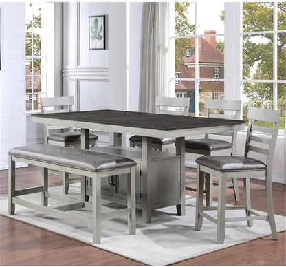 BOWERY HILL Modern 6-Piece Dining Set, Stone Gray and Charcoal Wood, 80 in Table with 20-Inch Leaf, Chevron Veneer Top, Faux Leather Seat, Hidden Storage Base, Counter Height Chairs and Bench