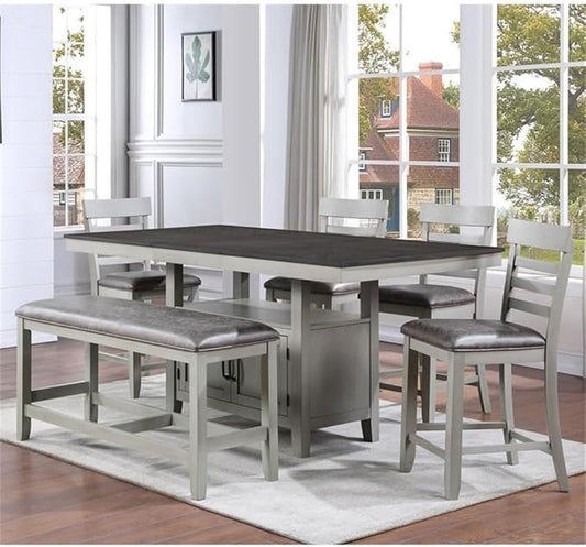 BOWERY HILL Modern 6-Piece Dining Set, Stone Gray and Charcoal Wood, 80 in Table with 20-Inch Leaf, Chevron Veneer Top, Faux Leather Seat, Hidden Storage Base, Counter Height Chairs and Bench