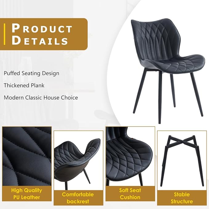 Kidol & Shellder Dining Chairs Set of 2, PU Leather Upholstered Kitchen Chairs with Back Armless, Mid Century Modern Side Chair for Dining Room, Living Room, Lounge, Restaurant, Black