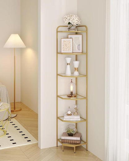 Hzuaneri Corner Shelf Stand, 6-Tier Glass Bookshelf Bookcase, Bathroom Organizer, Plant Stand, Steel Frame, Tempered Glass, Modern Style for Living Room, Bathroom, Kitchen, Golden CS90600G