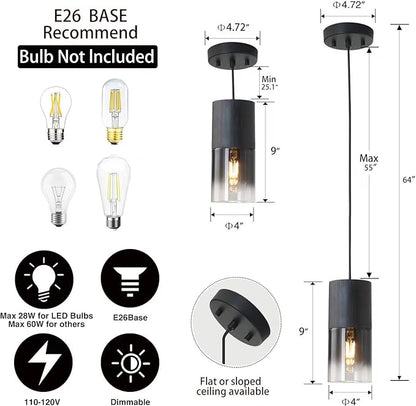 2-Pack Black Pendant Light Fixtures, Adjustable Modern Pendant Lights for Kitchen Island, Industrial Glass Pendant Lights for Dining Table Hallway Bedroom Living Room