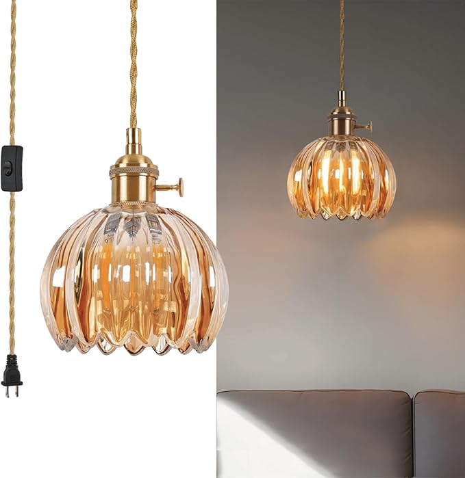 Mini Flower Hanging Lamp Plug in Pendant Light Fixtures, 15Ft Amber Glass Pendant Lights Kitchen Island Dining Room Bedroom Living Room, LED Bulb Included